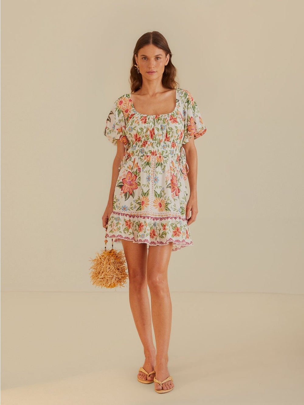 FarmRio Bloom Garden Floral Square-Neck Mini Dress in OffWhite and Orange XS